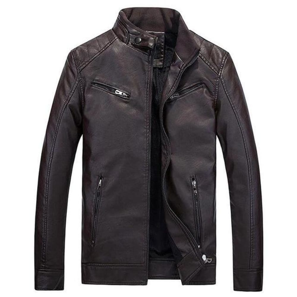 Fashionable slim fitted mens leather jacket - coffee / small